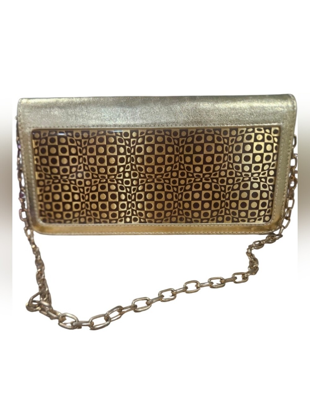 Sarah's Bag Gold Leather Geometric Artisan Clutch Shoulder Handbag One of a Kind
